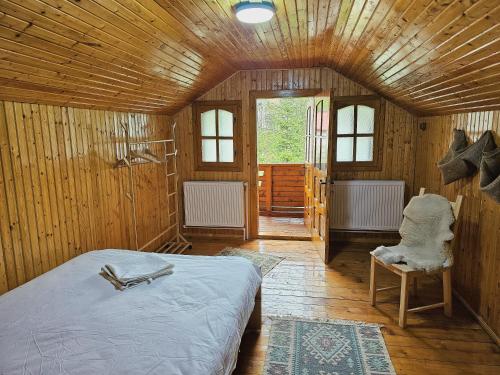 a bedroom with a bed and a chair in a room at Cabana din Tei, 5 Camere si Semineu, Costisata, Dambovita in Costişata