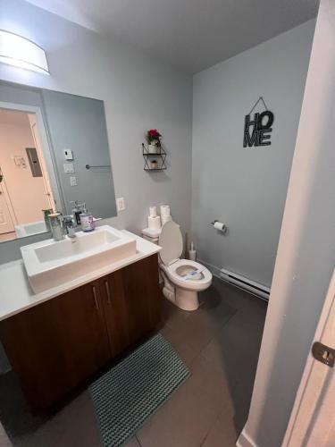 a bathroom with a sink and a toilet and a mirror at Downtown Elite Residences in Montreal