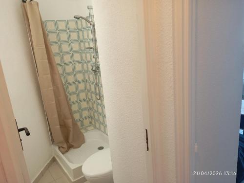 a bathroom with a shower and a toilet in it at les pieds dans l'eau 2 - Piscine chauffée in Le Barcarès