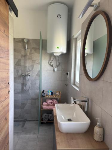 a bathroom with a sink and a shower and a mirror at JanBar Apartman in Bük