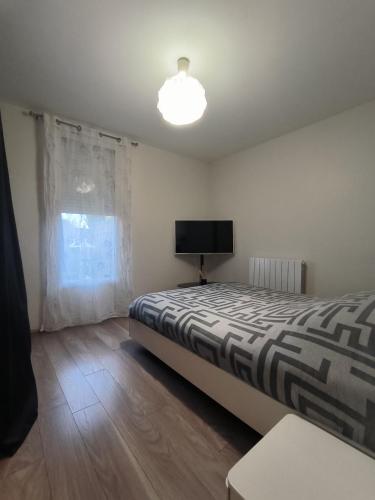 a bedroom with a bed and a television in it at Maison Tarnos in Tarnos