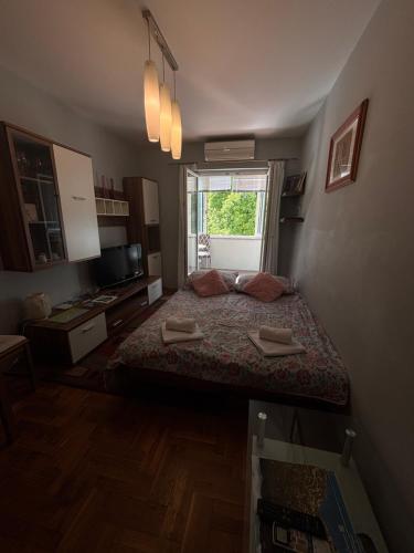 a small bedroom with a bed and a window at Apartment T&T in Lovran
