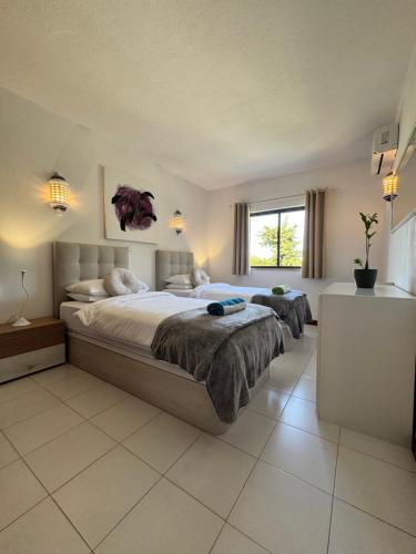a large bedroom with two beds and a window at Casa Julio-Rooftop Terrace & Pool 5 Min to Beach in Carvoeiro