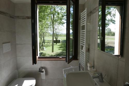 een badkamer met een wastafel, een spiegel en een raam bij Agriturismo Boschi Celati in Roncaglia