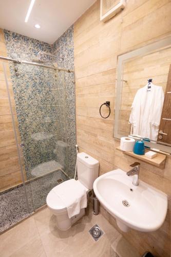 a bathroom with a toilet and a shower and a sink at Petra Pyramids View in Al Kawāmil Qiblī