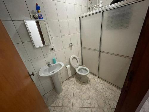 a bathroom with a shower and a toilet and a sink at Farm km 68 Castelo Branco in Mairinque