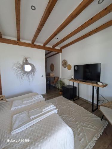 a bedroom with a bed and a flat screen tv at Meco Beach House in Sesimbra