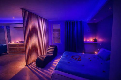 a bedroom with a bed and a couch and violet lights at Le loft en bulles in Saint-Maurin