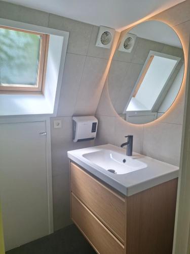a bathroom with a sink and a mirror at Woodpecker - bungalow 29 in Durbuy