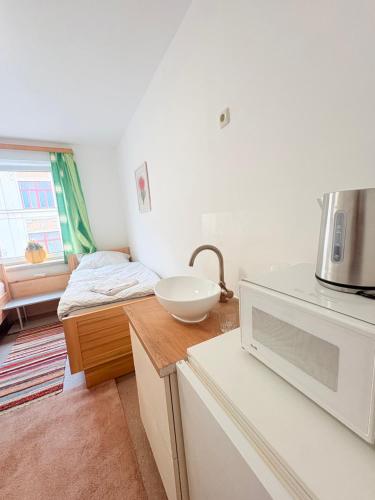 a kitchen with a sink and a bed in a room at Beenie 3 in Linz