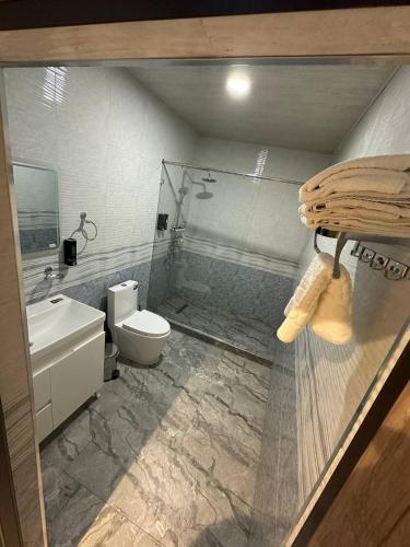 a bathroom with a shower and a toilet and a sink at OROM PONORAMA VIEW old city in Bukhara