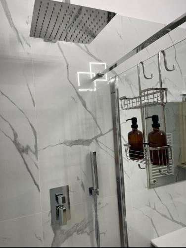 a bathroom with a shower with two bottles on the wall at Aurea Boutique Rooms in Termoli