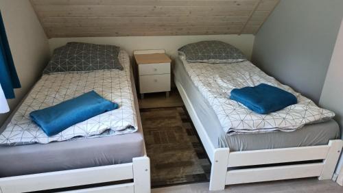 two beds in a small room with blue pillows at Domek Anusia in Brożówka