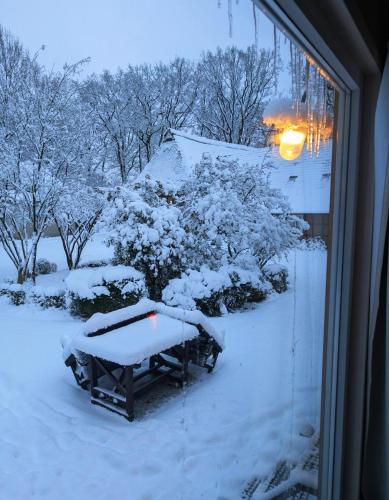 a picnic table covered in snow outside a window at Auszeit in stilvollem Tiny House in Elsdorf