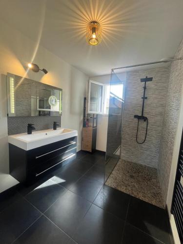 a bathroom with a sink and a shower at L'échappée Belle Maison entre Pins et Océan in Bias