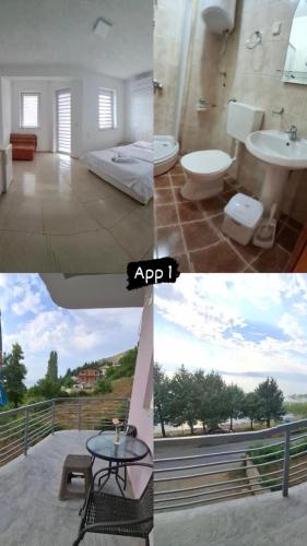 a collage of two pictures of a bathroom and a bedroom at Villa Strmec in Peštani