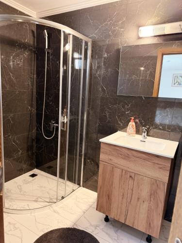 a bathroom with a shower and a sink at Pensiunea Laura in Chişcău
