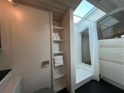a bathroom with a window and a door with towels at Ferienlenk Mountain Village in Lenk