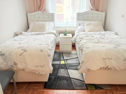 a bedroom with two beds and a window at Beenie 17 in Linz