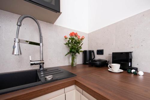 a kitchen with a sink and a vase of flowers on a counter at Lume Capi in Labin