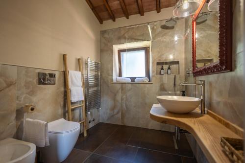 a bathroom with a sink and a toilet and a mirror at Agriturismo La Vecchia Quercia in Montemerano