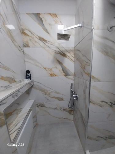 a bathroom with a shower and a marble wall at Guest House Toska in Berat