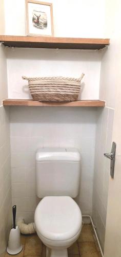 a bathroom with a toilet and a basket on a shelf at Appartement T1 Superdévoluy 6 personnes in Le Dévoluy