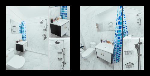two pictures of a bathroom with a shower and a toilet at TiLiA Breeze Studio Saturn in Saturn