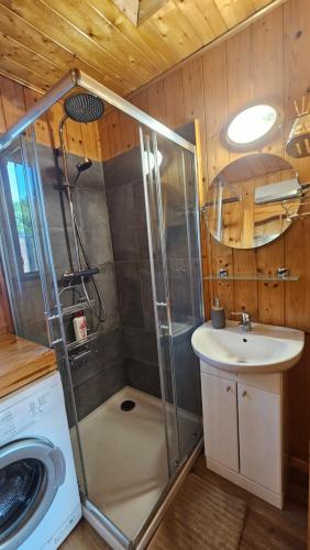 a bathroom with a shower and a sink and a washing machine at Sole d'Oro in San-Nicolao