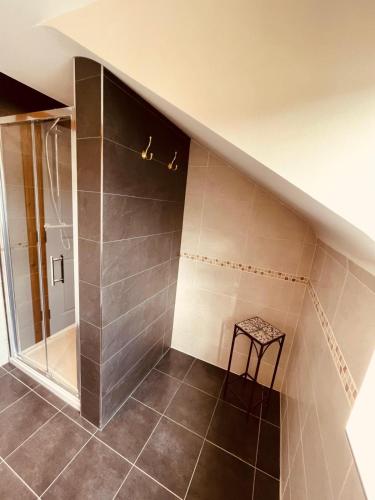 a bathroom with a shower and a stool in it at 21 Killarney Holiday Village in Killarney