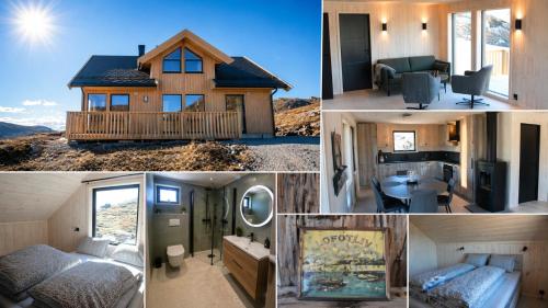 a collage of pictures of a cabin with a house at Chalet Glåpen in Moskenes