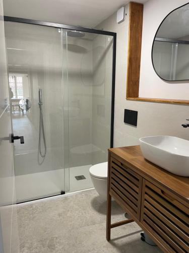 a bathroom with a shower and a toilet and a sink at Alcacer 4 - 2 in Puentedeume