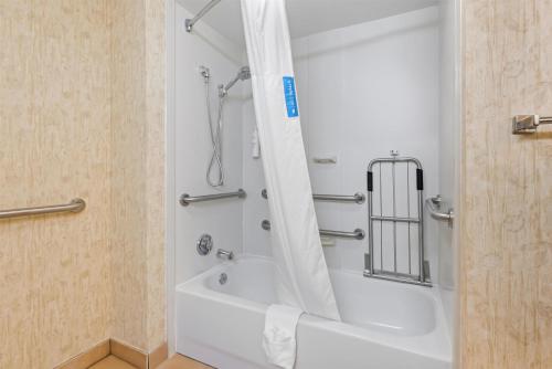 a bathroom with a tub and a shower with a shower curtain at Hampton Inn Guntersville in Guntersville