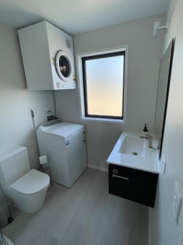 a bathroom with a toilet and a sink and a window at Blacksmith's Rest in New Plymouth