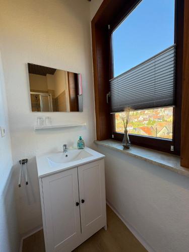 a bathroom with a sink and a window with a mirror at Pension moos & morgenrot - St Andreasberg in Sankt Andreasberg