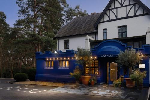 a blue and white house with a building at Hilton Cobham in Cobham
