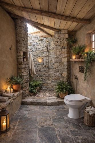 a stone bathroom with a toilet and a stone wall at Sarayu Farmstays in Manāli