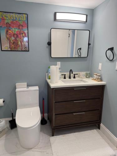 a bathroom with a toilet and a sink and a mirror at Buck island Breeze in Christiansted