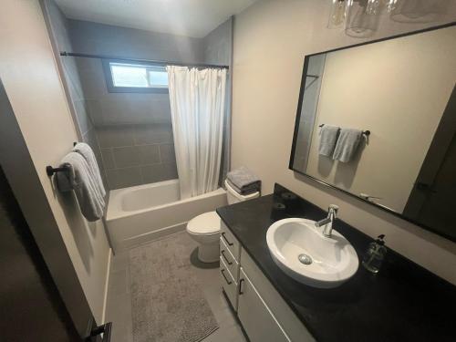 a bathroom with a sink and a toilet and a mirror at Charming New Lake House in Pierre