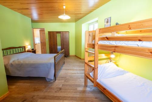 two bunk beds in a room with green walls at L'oustal de lucie in Saint-Saturnin-de-Tartaronne