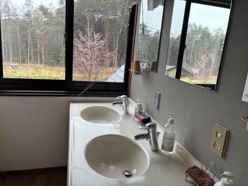 a bathroom with a sink and a mirror at Lodge Jotenki in Kiso