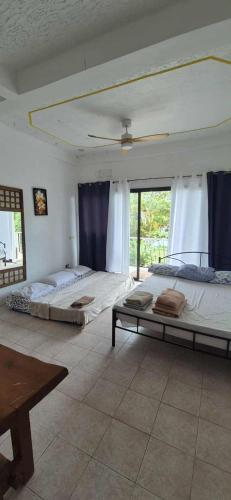 two beds in a large room with blue curtains at White Beach Villa in Dauis