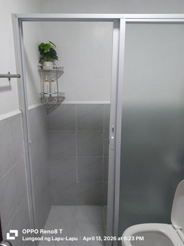 a shower with a glass door with a plant on a shelf at Pamz Studio Condo Unit in Lapu Lapu City