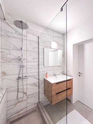 a bathroom with a shower and a sink and a mirror at Studio charmant au centre-ville in Charleroi