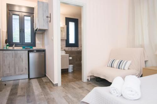 a kitchen and a living room with a chair in a room at Villa Saravari in Áyios Aléxandros