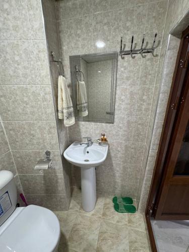 a bathroom with a sink and a toilet and a mirror at Hotel & Hostel Siyob Samarkand in Samarkand