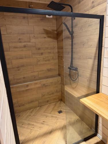 a shower with a glass door in a bathroom at ForrestVila in Karačiūnai