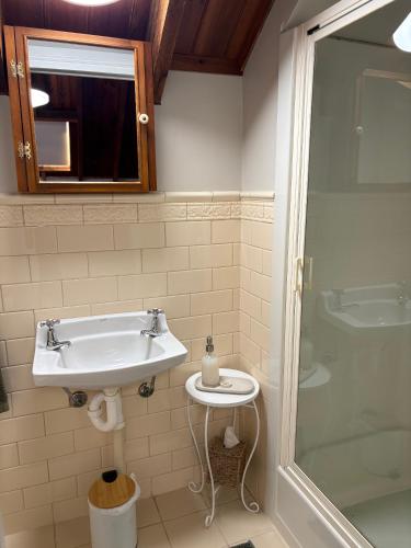 a bathroom with a sink and a shower at Roscrow Heritage Retreat in Clare