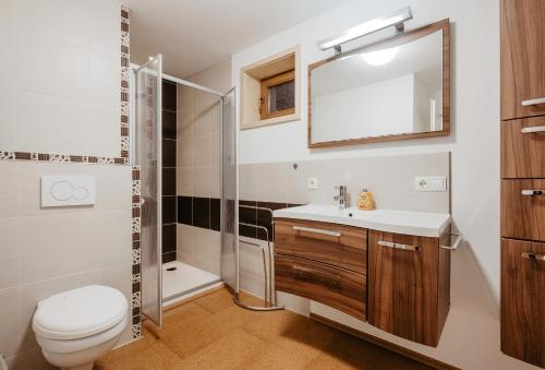 a bathroom with a toilet and a sink and a shower at Grillnhäusl - Ruheoase in Alleinlage mit Sauna, Erlebnisstadl & Rehen vor der Haustür in Wegscheid