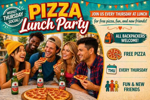 a pizza lunch party flyer with a group of people eating pizza at Stellar Capsules in Seminyak